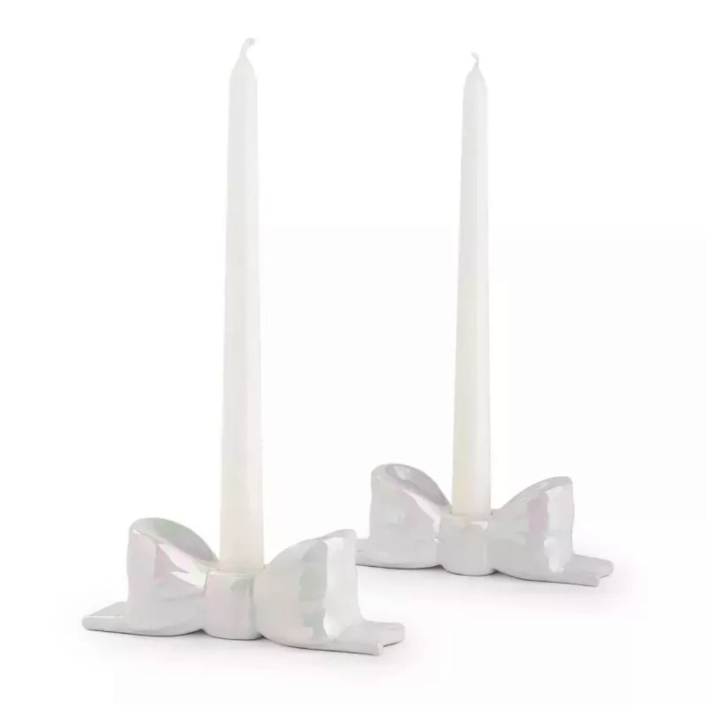 Target Bullseye Ceramic Iridescent Taper Bow-Shaped Candle Holders Set of 2 New